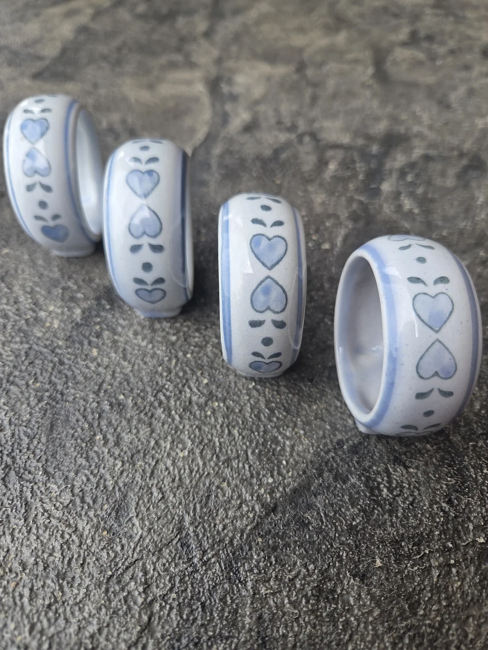 Vintage Kemp & Beatley French Country Blue Heart Ceramic Napkin Rings - Set of 4